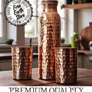 copper bottle with two cups hammered design