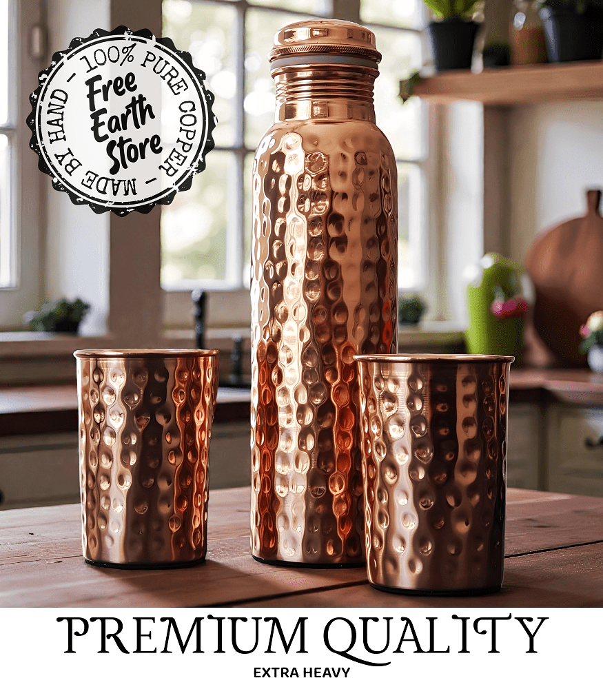 copper bottle with two cups hammered design